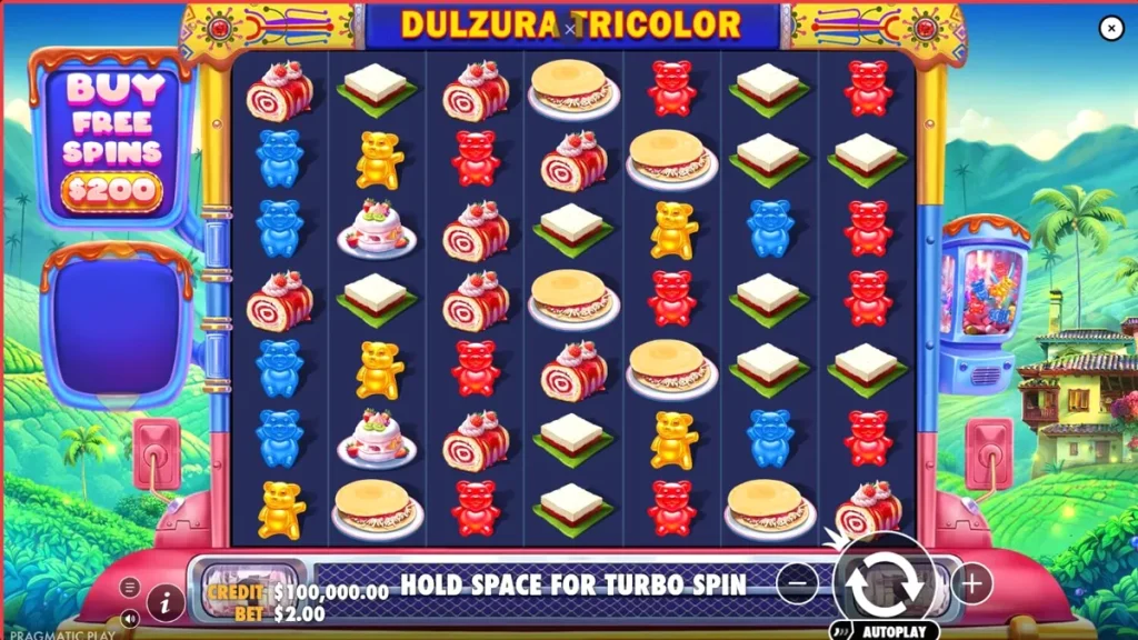 Tampilan visual slot Dulzura Tricolor dengan tema tropis dan simbol kue manis