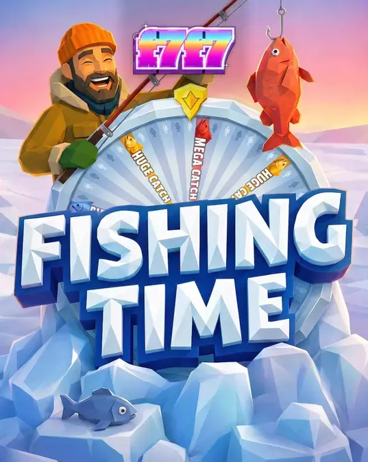 Tampilan roda bonus dalam permainan Fishing Time dengan latar belakang danau es musim dingin.