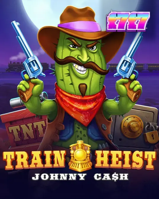 Tampilan visual slot Train Heist Johnny Cash dengan latar belakang kereta api di padang gurun.